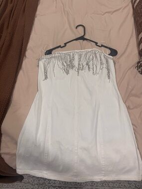 12th Tribe White Strapless Beaded Fringe Dress